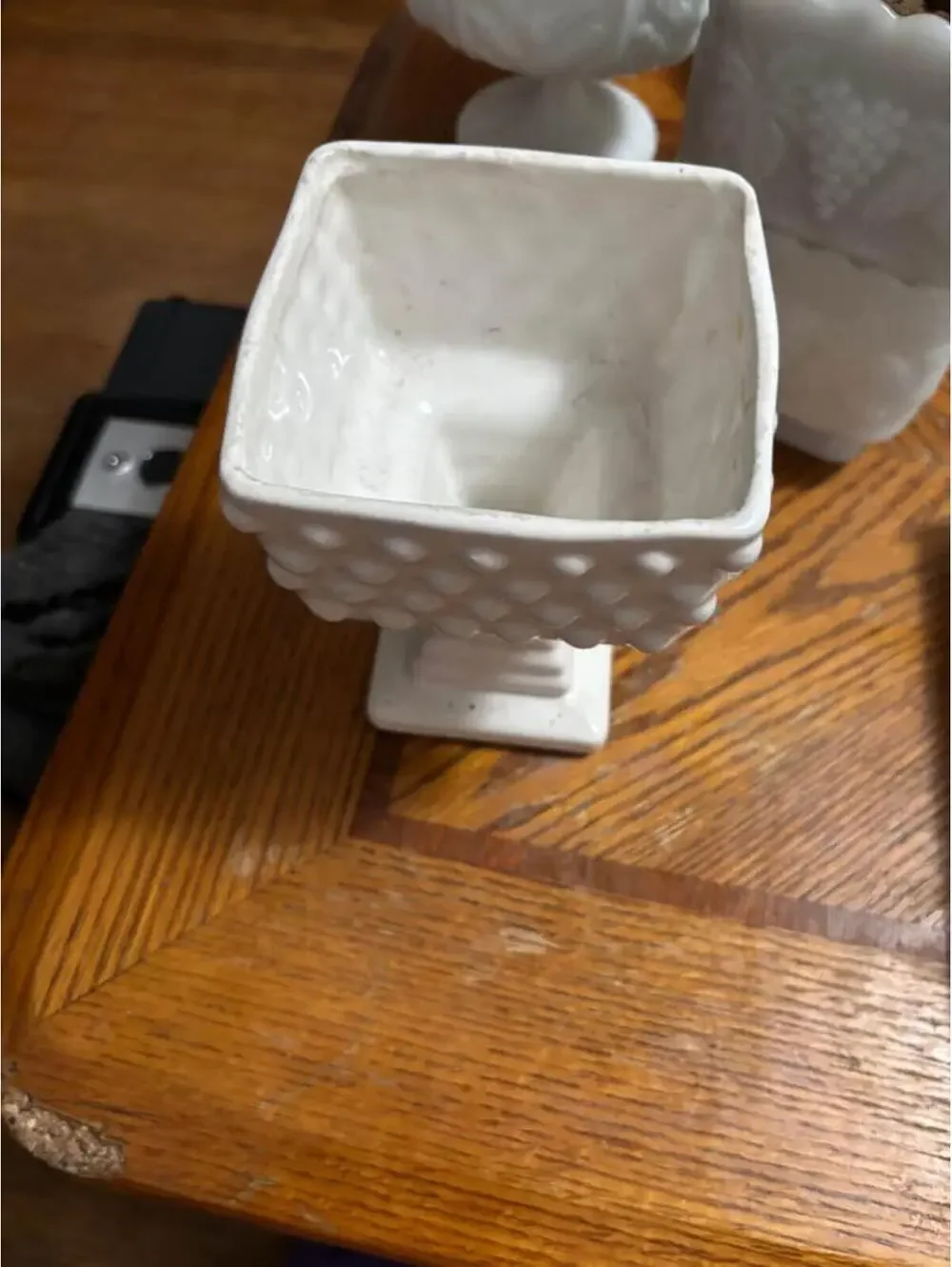 White Hobnail Square Milk Glass Planter Vase